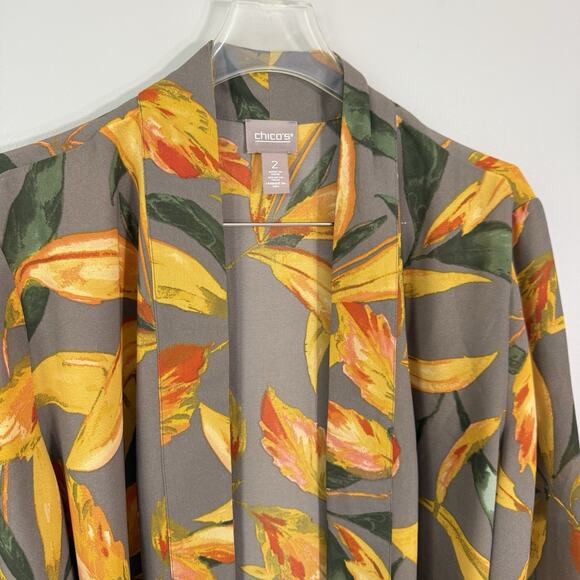 CHICO'S Long Floral Open Duster Cardigan Embroidery Gray Yellow 2 US L New - Picture 3 of 7